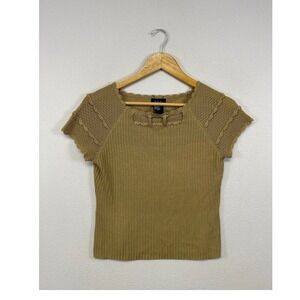 Cottagecore R.Q.T. Petite Womens PM Tan Ribbed Crochet Sleeve Bow Knit Top